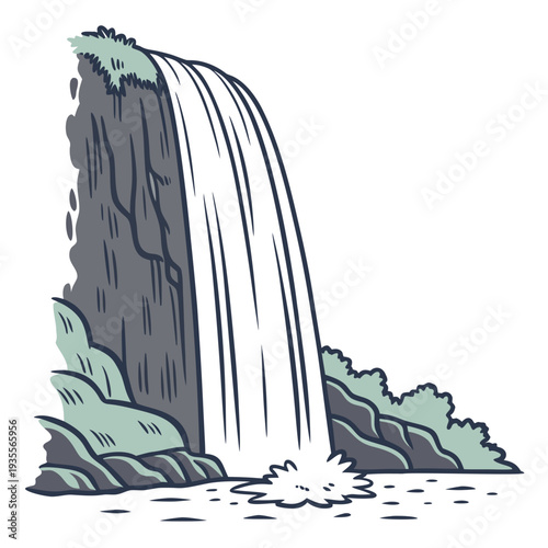 Tall gray cliff waterfall with green foliage and white water