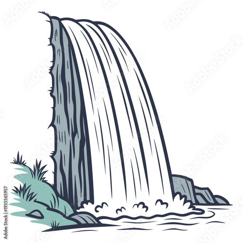 Tall cascading waterfall strong downward motion cartoon style
