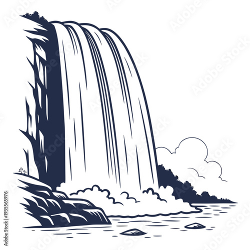 Tall cascading waterfall strong downward motion black and white