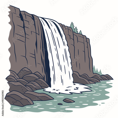 Waterfall on rocky cliffside with trees and pool