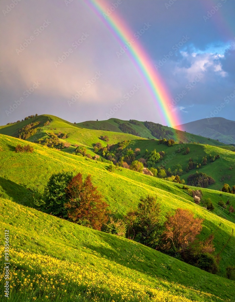 Fototapeta premium Regenbogen über Frühlingslandschaft