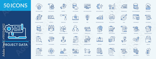 Project Data icon set vector illustration. Containing icon of data backup, financial planning, research and more. Outline Blue icon symbol collection