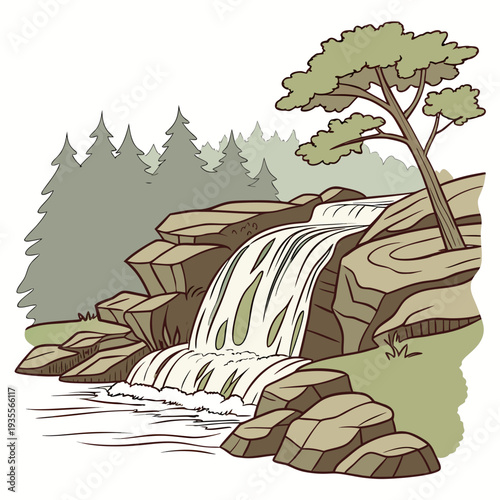 Natural waterfall flowing over uneven cliff and tree