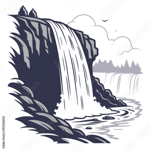 Powerful waterfall plunge with soft mist rise cliff