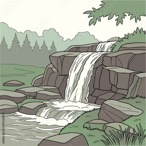 Natural waterfall flowing over uneven cliff and rocks