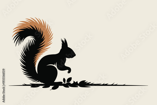 Squirrel silhouette with vibrant orange tail sitting on ground with leaves