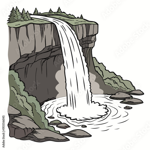 Powerful waterfall plunge with soft mist rise det cliff