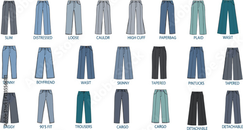 Collection of technical fashion sketches for women's denim and trousers featuring various fits like skinny, baggy, boyfriend, cargo, and tapered styles in different blue washes.