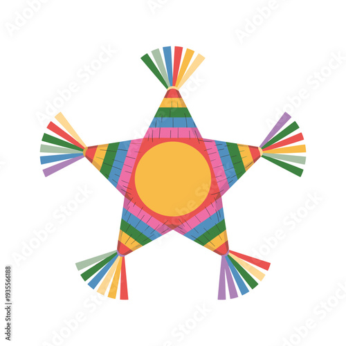 Colorful star shaped pinata with striped pattern and tassels vector illustration isolated on white background