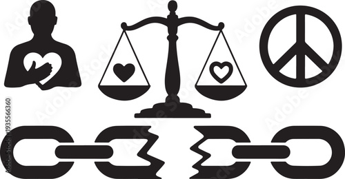 Black silhouette icons of justice peace and heartbreak on white background
