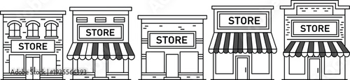 Collection of five unique storefront illustrations in black-and-white line art style, showcasing varied architectural designs, awnings, and retail shop facades for business and urban planning projects