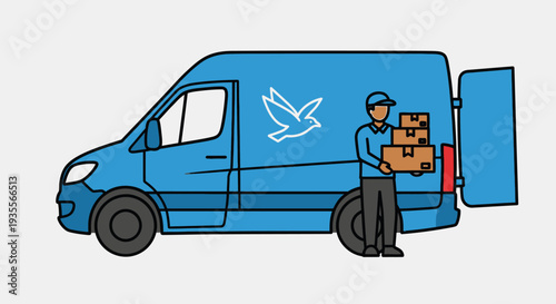 Delivery man unloading cardboard boxes from a blue delivery van, representing courier service and package shipping in a bright studio background.
