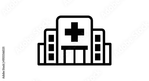 Hospital building icon with medical cross symbol representing healthcare and emergency services, isolated white background
