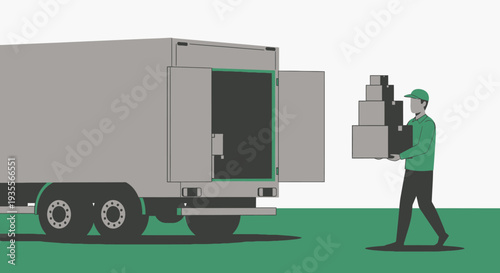 Delivery man unloading cardboard boxes from a large grey truck, representing logistics and freight transport in a bright studio background.