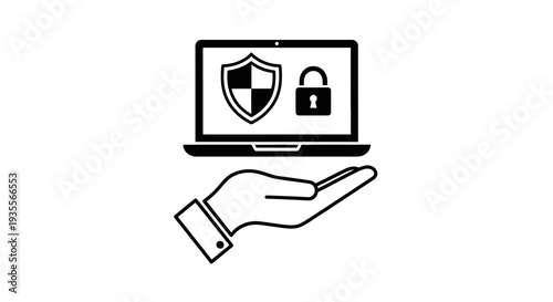 Hand supporting a laptop displaying a shield with a padlock, symbolizing laptop security and digital protection, isolated white background.