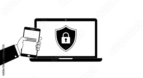 Hand holding a smartphone interacting with a laptop, both showing a shield with a padlock, indicating mobile and data security, isolated white background.