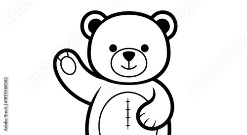 Cute cartoon teddy bear character waving a paw in a friendly greeting, isolated white background.