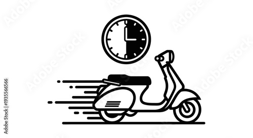 Fast delivery scooter icon with a clock showing speed and efficiency, isolated white background.