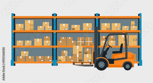 Orange Forklift Lifting Boxes in a Modern Warehouse with Shelves, Full Color Illustration.