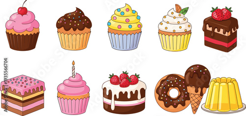 Colorful dessert illustration collection featuring cupcakes, cakes, donuts, and jelly mold with toppings like cherries, strawberries, sprinkles, icing, and festive decorations