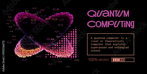 Gradient pink orange particles shape infinity flows, clusters, barcode grids with numbers on black. Conceptual vector illustration for quantum computing and entanglement visualization.