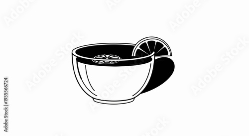 Black and white illustration of a cup of tea with lemon slice garnish