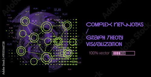 Green lines connect nodes on purple grid with numbers, bars, clusters on black. Conceptual vector illustration for complex networks and graph theory visualization.