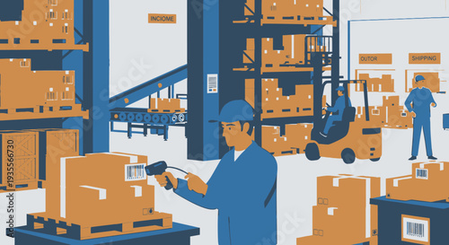 Man scanning barcode on a box in a busy logistics warehouse, showing efficient inventory management and shipping operations.