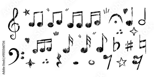 Set of grunge style music notes and musical symbols with textured crayon effect.