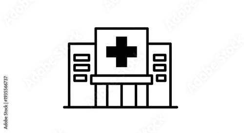 Outline icon of a modern hospital building with a medical cross, symbolizing healthcare facilities, on an isolated white background.