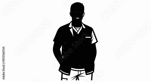 Black and white illustration of a smiling man with hands in pockets