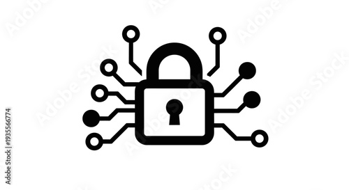 Digital padlock icon with abstract circuit board connections, representing cybersecurity, on an isolated white background.