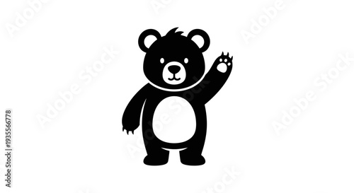 Cute black cartoon teddy bear character waving hand, on an isolated white background.
