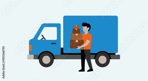 Diligent delivery man loading cardboard boxes onto a blue cargo truck, in a bright studio background.