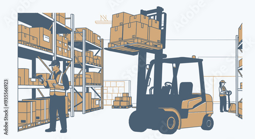 Warehouse Workers and Forklift Lifting Boxes for Logistics and Inventory Management, Full Color Illustration.