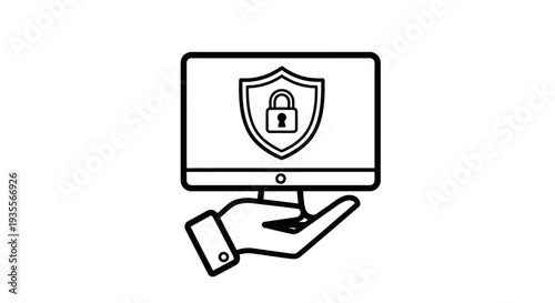 Outline icon of a hand offering a computer monitor with a shield and padlock, symbolizing cyber security protection, isolated white background.