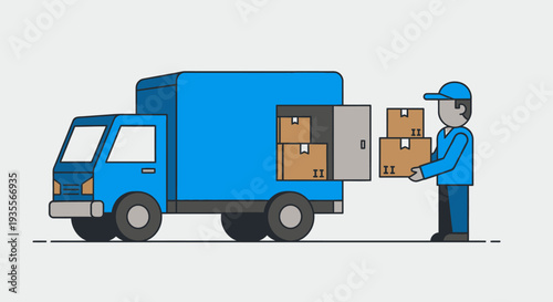 Delivery person loading cardboard boxes into a blue delivery truck, representing logistics and parcel shipping.