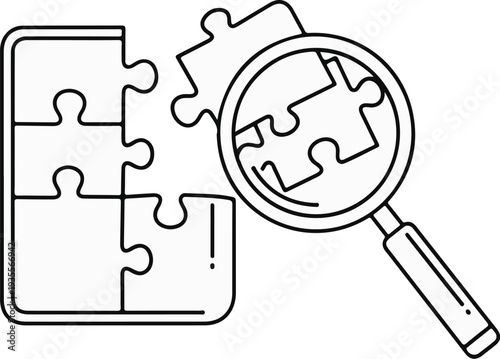 Magnifying glass examines puzzle pieces, concept of problem-solving