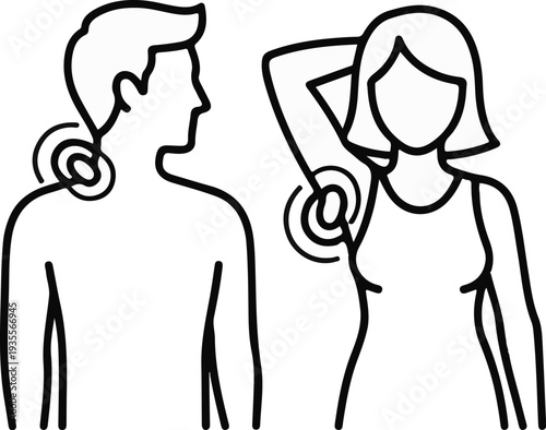 Line art depicts two people, one male, one female, experiencing pain in their necks and arms