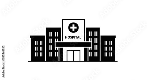 Hospital building with "HOSPITAL" text and cross symbol, black silhouette, isolated white background.