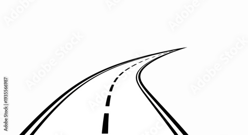 A stark black and white illustration of a curving road with dashed lines