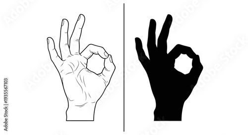 Hand gesture showing "OK" sign in outline and solid black silhouette, isolated white background.