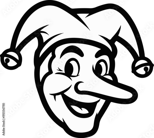 Black and white cartoon of a grinning jester's face with bells on its hat