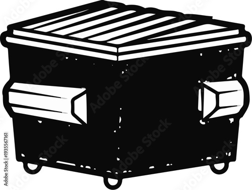 Black dumpster with wheels and angled lid, a modern waste receptacle