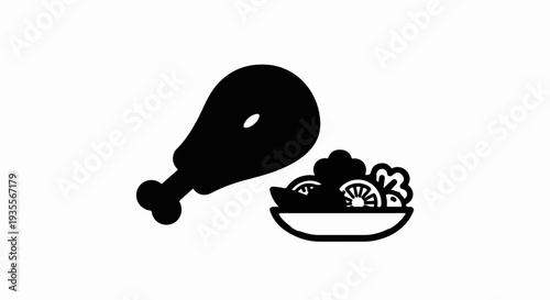 Black silhouette of a roasted chicken leg next to a salad bowl with lemon slices and greens