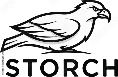 Bold graphic of a predatory bird with outstretched wings and fierce eyes