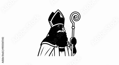 Stylized depiction of a bearded cleric in ceremonial attire holding a pastoral staff