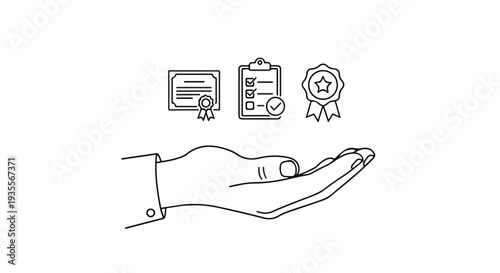 Hand holding achievement icons certificate, checklist, and award ribbon