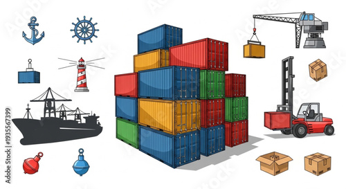 Stacked Shipping Containers with Logistics Icons.
