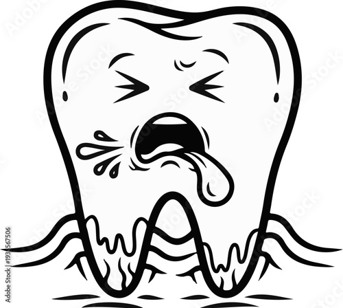A distressed cartoon tooth with eyes squeezed shut, drooling from its open mouth